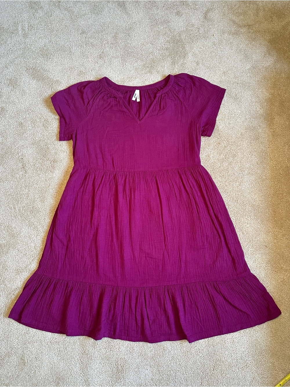 PACT Organic Cotton Tiered Dress Purple Plum Tie Waist Short Sleeve Size L